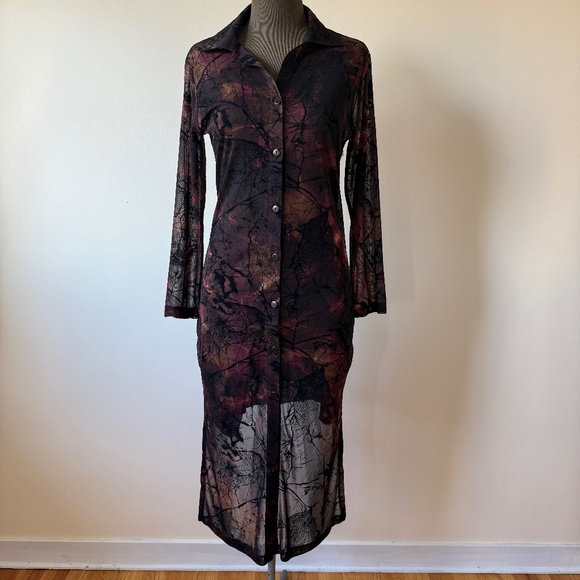 Hot Vintage 90s Sheer Long Sleeve Button Up Dress - Picture 1 of 12